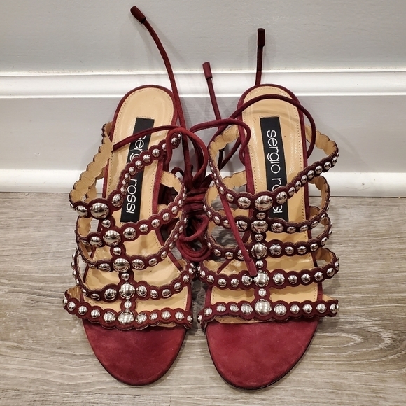 NEW SERGIO ROSSI Elettra Studded Suede Block Heel Sandals In Cherry - Picture 3 of 8